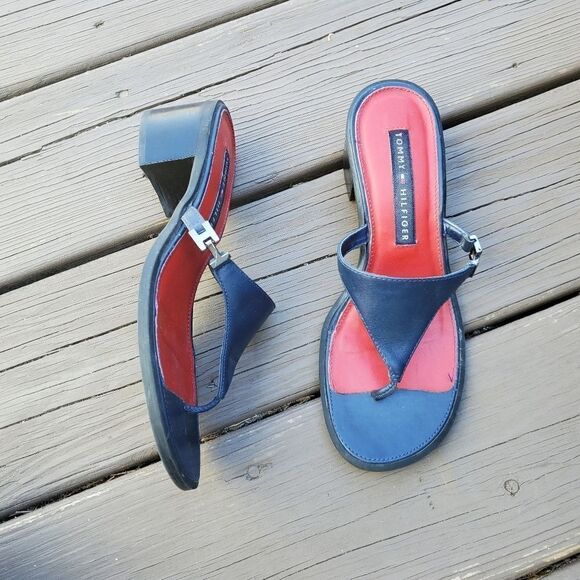 Vintage 90s y2k Bratz Navy Blue Leather Chunky Heel Tommy Hilfiger Thong Sandals - Picture 1 of 7